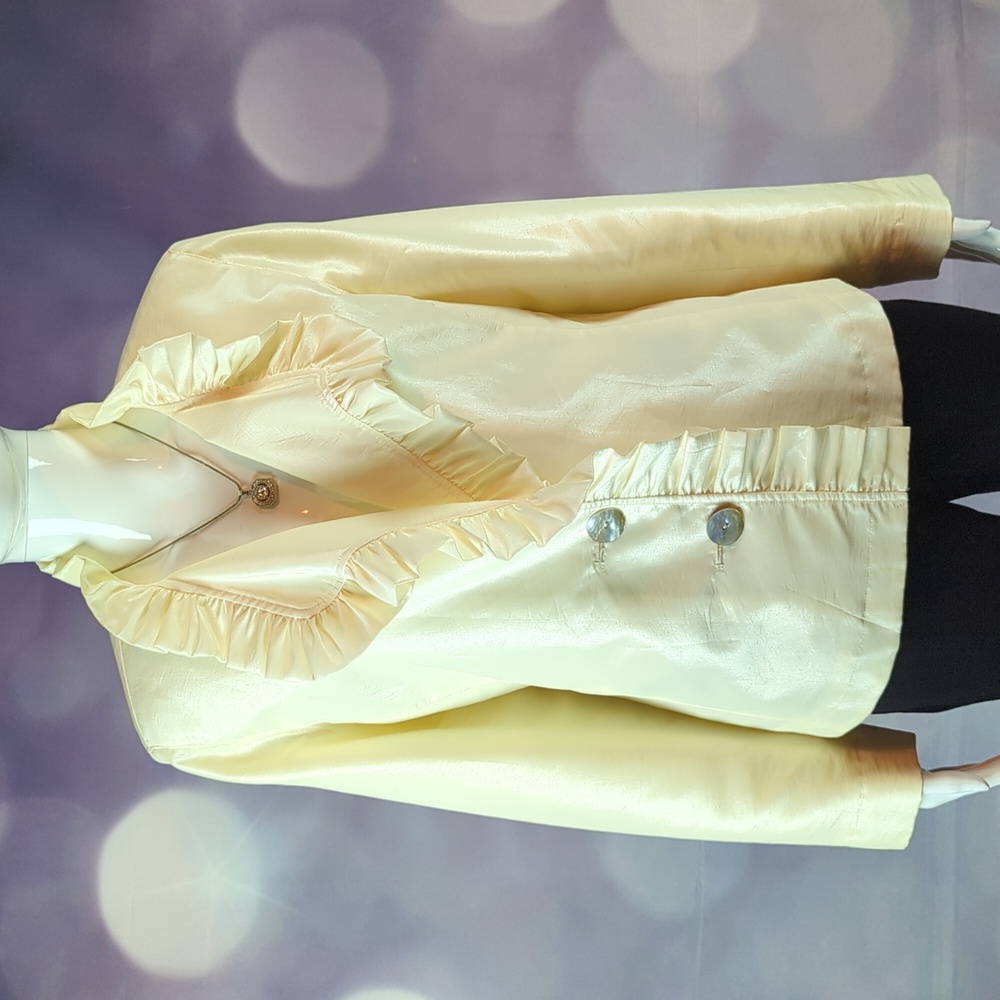 Debra DeRoo sz S Exquisite Ruffled Long Sleeve Taffeta Blazer w Shell Buttons
